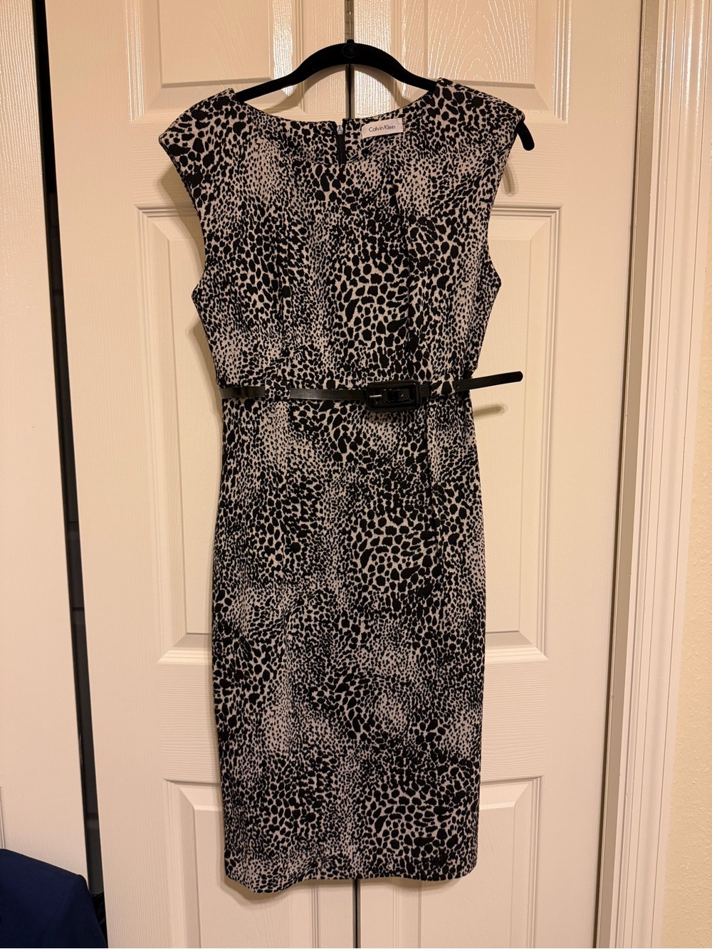 Calvin Klein Black and Tan Leopard Sheath Dress